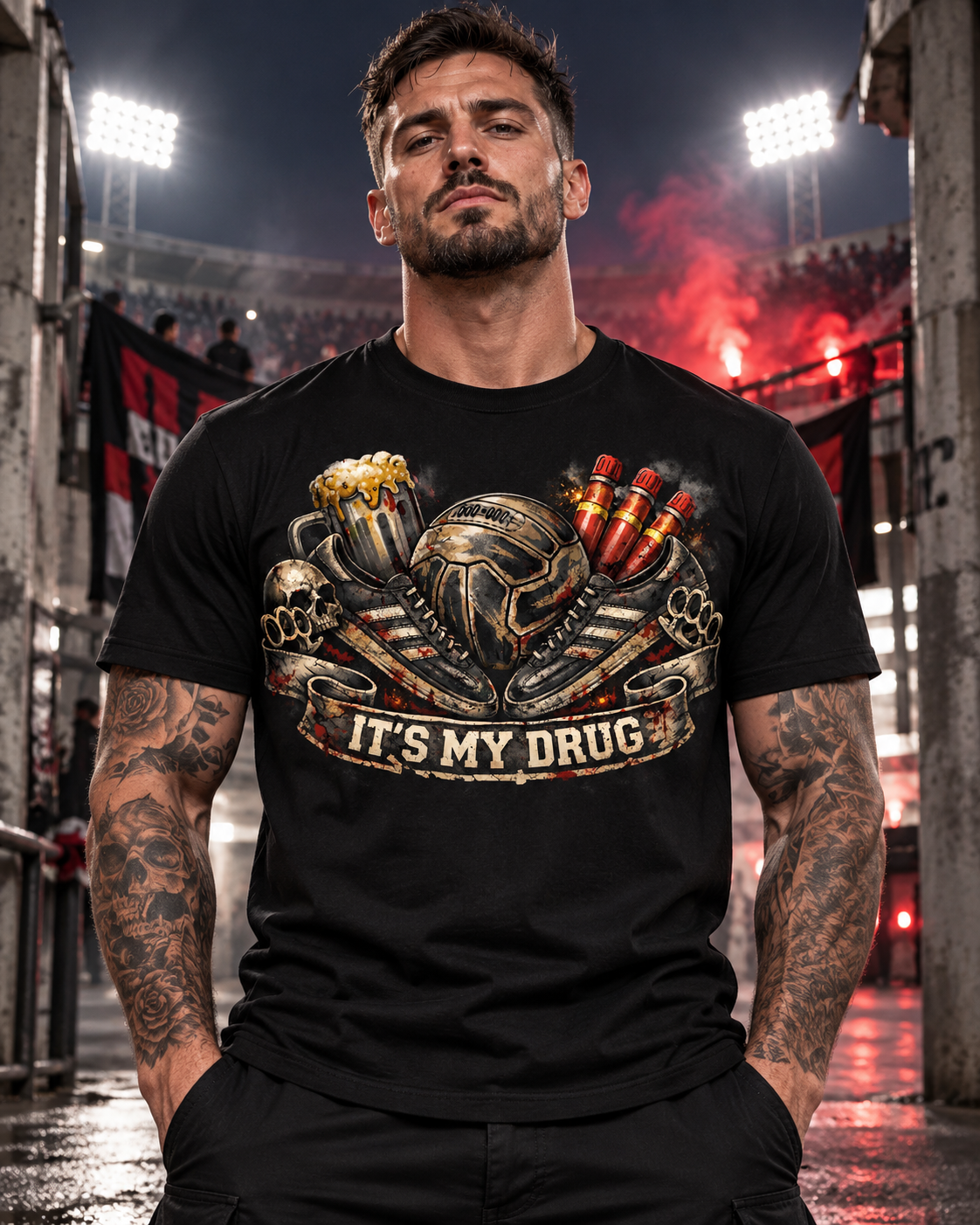 Черна тениска IT’S MY DRUG, показана на модел