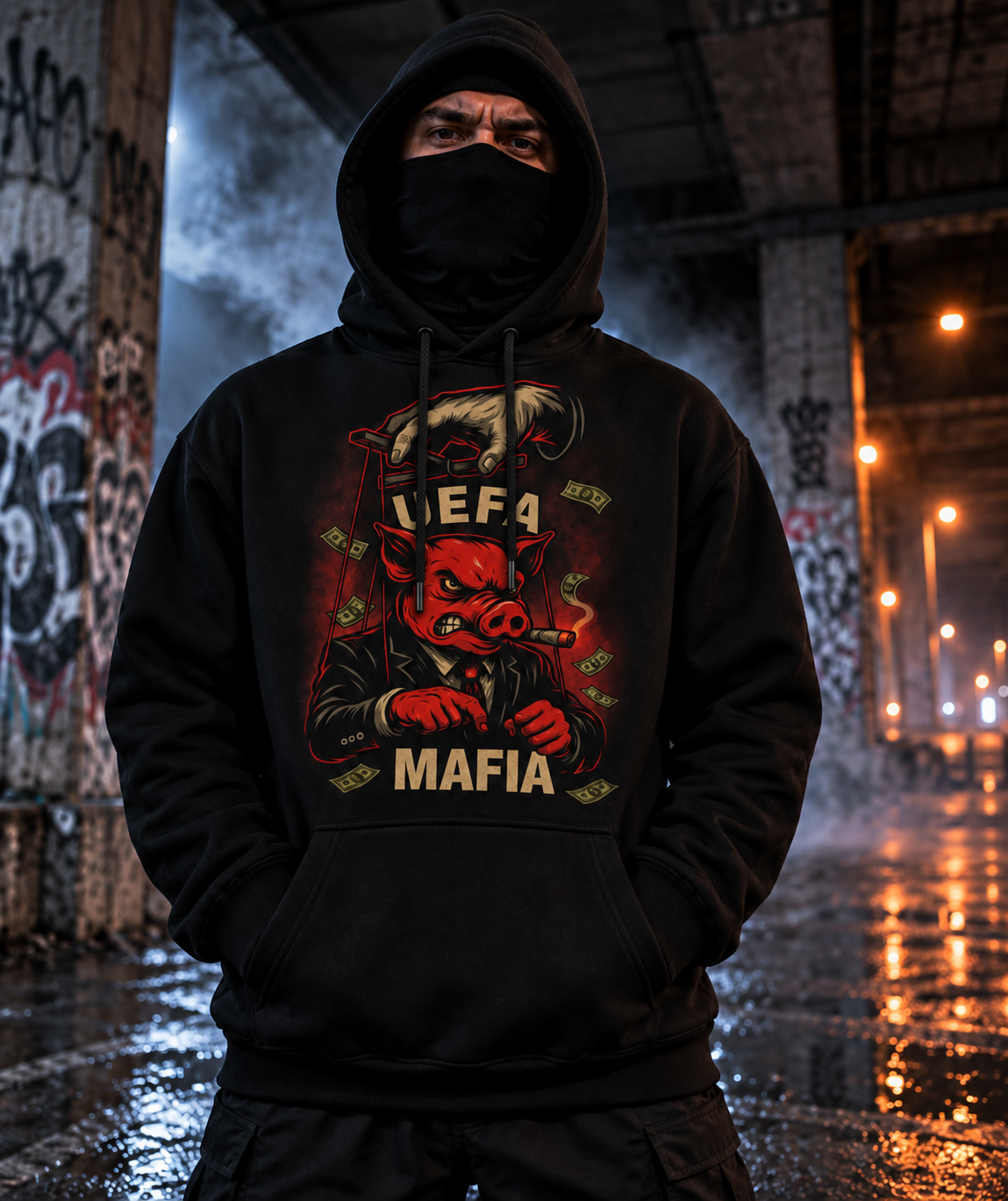 Черен суичър UEFA MAFIA с щампа отпред