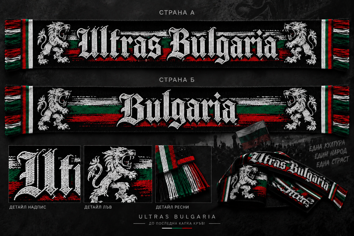 Двустранен шал ULTRAS BULGARIA в черно, бяло, зелено и червено