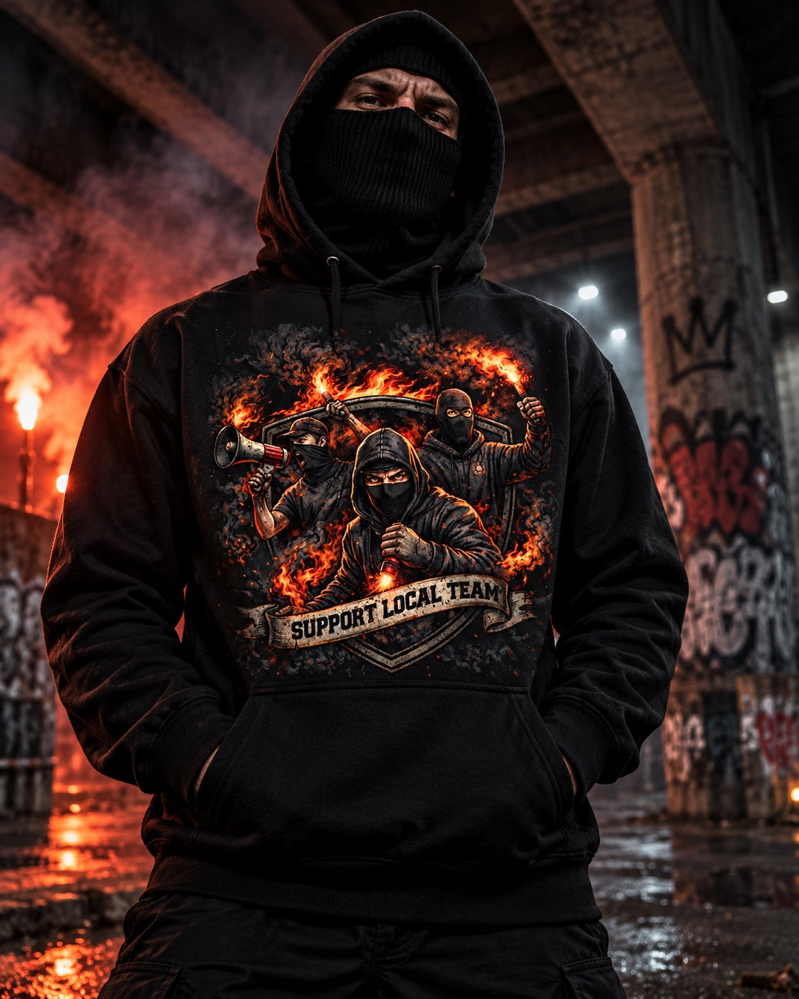 Черен суичър SUPPORT LOCAL TEAM с щампа отпред